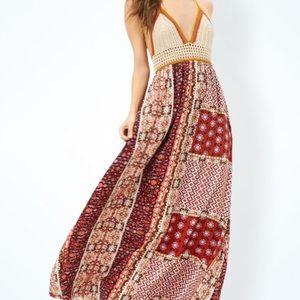 Boho Patchwork Crochet Halter Top Tie Maxi Dress.